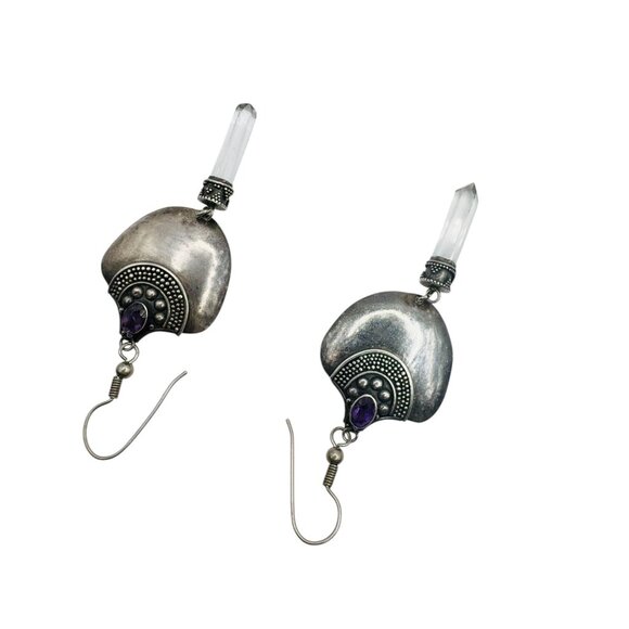 Vintage Sterling 925 Silver & Amethyst Dangle Earrings With Quartz Accents - Picture 7 of 10